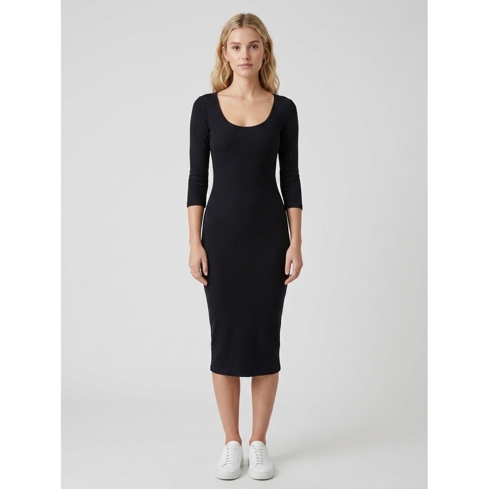 Monrow Womens Black Ribbed Scoop Neck 3/4 Sleeve Midi Dress Size XS